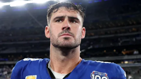 Daniel Jones #8 of the New York Giants reacts on the field to being defeated by the Dallas Cowboys after the game at MetLife Stadium on September 26, 2024 in East Rutherford, New Jersey.
