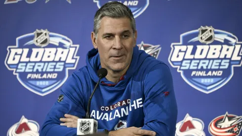 Head coach Jared Bednar of the NHL, Avalanche is seen during a press conference.