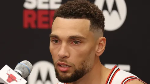 Zach LaVine #8 of the Chicago Bulls speaks to the media during Chicago Bulls Media Day at Advocate Center on September 30, 2024 in Chicago, Illinois. 
