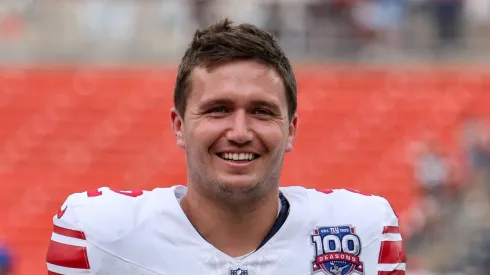 New York Giants quarterback Drew Lock 2 leaves the field following the following the National Football League game between the New York Giants and Cleveland Browns on September 22, 2024, at Huntington Bank Field in Cleveland, OH.