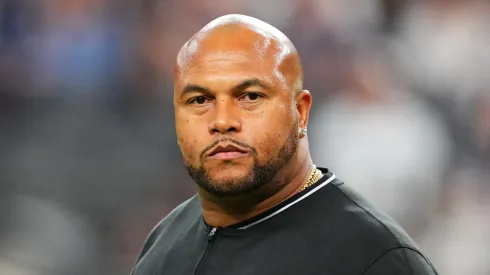 Head coach Antonio Pierce of the Las Vegas Raiders looks on during warmups before a preseason game against the Dallas Cowboys at Allegiant Stadium on August 17, 2024 in Las Vegas, Nevada.