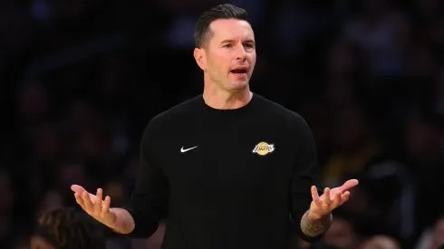 Head coach JJ Redick of the Los Angeles Lakers reacts while playing the Utah Jazz during the first quarter of the Emirates NBA Cup at Crypto.com Arena