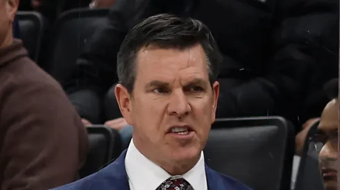 Head coach Mike Sullivan of the Pittsburgh Penguins talks to his players on the bench during the third period against the Boston Bruins at TD Garden on March 9, 2024 in Boston, Massachusetts.
