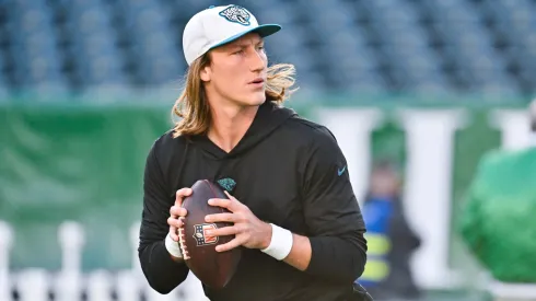 Jacksonville Jaguars quarterback Trevor Lawrence (16) warms up before a game against the Philadelphia Eagles in Philadelphia, Pennsylvania.