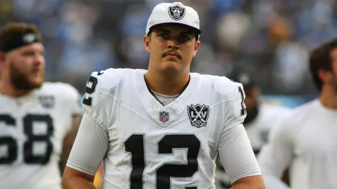 Las Vegas Raiders quarterback Aidan O Connell (12) during the NFL, American Football Herren, USA game between the Las Vegas Raiders and the Los Angeles Chargers on September 08, 2024, at SoFi Stadium in Inglewood, CA.
