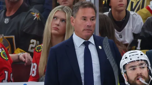 : Head coach Bruce Cassidy of the Vegas Golden Knights looks on against the Chicago Blackhawks during the first period at the United Center.
