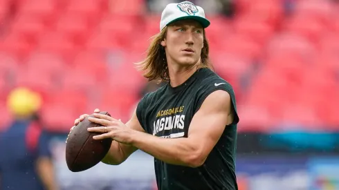 Jacksonville Jaguars quarterback Trevor Lawrence (16) warms up during the International Series match between Jacksonville Jaguars and New England Patriots on 20 October 2024.
