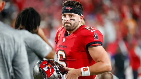 Tampa Bay Buccaneers quarterback Baker Mayfield (6) warms up ahead of a game against the Baltimore Ravens at Raymond James Stadium in Tampa on Monday, Oct. 21, 2024.
