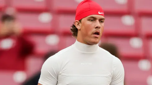 Ole Miss vs Arkansas Nov 2 November 2, 2024: Rebels QB Jaxson Dart 2 makes his way onto the field to begin warm ups. Ole Miss defeated Arkansas 63-31cin Fayetteville, AR.
