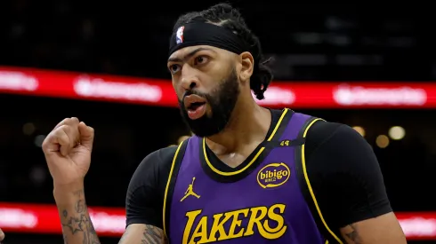 Anthony Davis #3 of the Los Angeles Lakers reacts after being fouled during the fourth quarter of an NBA game against the New Orleans Pelicans
