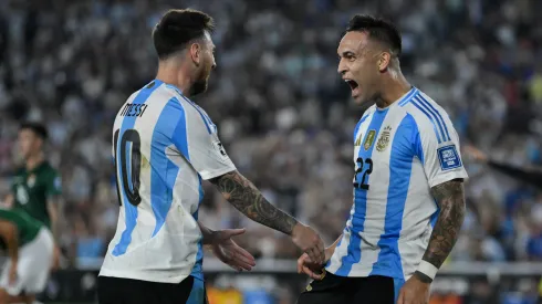 Lionel Messi and Lautaro Martinez of Argentina celebrate against Bolivia
