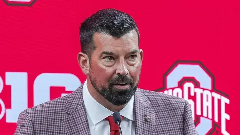 Ohio State Buckeyes head coach Ryan Day speaks during Big Ten Media Days at Lucas Oil Stadium, Indianapolis, Indiana.
