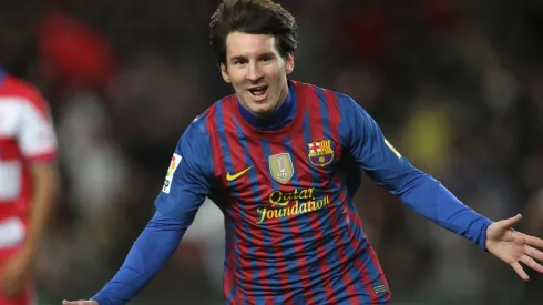 Lionel Messi of FC Barcelona, Barca celebrates after scoring his first goal, and equals the FC Barcelona scoring record held by Cesar (232 goals),during the Spanish La Liga soccer match on March 20, 2012
