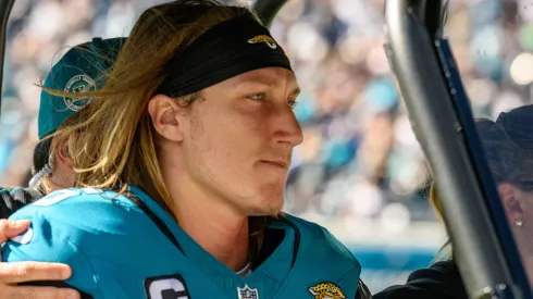 Jacksonville Jaguars quarterback Trevor Lawrence (16) is taken to the lockers after getting injured in the second quarter during a game against the Houston Texans in Jacksonville, FL.
