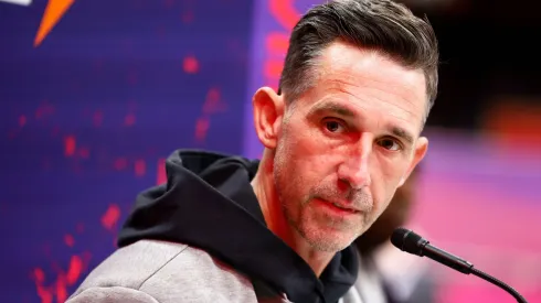 Head coach of the San Francisco 49ers Kyle Shanahan is interviewed during the Super Bowl LVIII Opening Night presented by Gatorade featuring the AFC Champion Kansas City Chiefs and the NFC Champion San Francisco 49ers on February 5, 2024 at Allegiant Stadium in Las Vegas, Nevada.