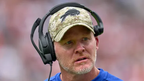 Buffalo Bills head coach Sean McDermott looks on during a preseason game between<br />
the Chicago Bears and the Buffalo Bills on August 21, 2021 at Soldier Field in Chicago, IL.
