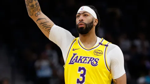 Anthony Davis #3 of the Los Angeles Lakers reacts in the game against the San Antonio Spurs during the first quarter at Frost Bank Center
