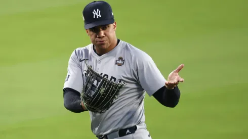 Juan Soto #22 of the New York Yankees gestures as they play the Los Angeles Dodgers in the sixth inning during Game Two of the 2024 World Series.
