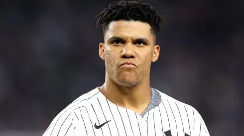  Juan Soto #22 of the New York Yankees looks on against the Boston Red Sox at Yankee Stadium on September 13, 2024 in the Bronx borough of New York City.
