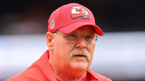 Head coach Andy Reid of the Kansas City Chiefs looks on prior to a preseason game against the Chicago Bears at Soldier Field on August 13, 2022 in Chicago, Illinois.