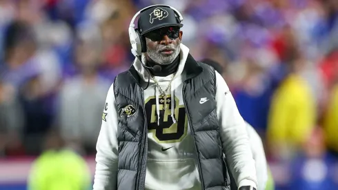 Colorado Buffaloes head coach Deion Sanders walks the field during the two minute warning time out against the Kansas Jayhawks in 2024.