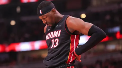 Bam Adebayo 13 of the Miami Heat prior to a game against the Chicago Bulls at the United Center
