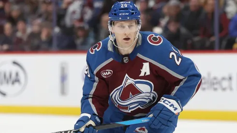 Nathan MacKinnon #29 of the Colorado Avalanche plays the Vegas Golden Knights in overtime at Ball Arena on November 27, 2024 in Denver, Colorado.