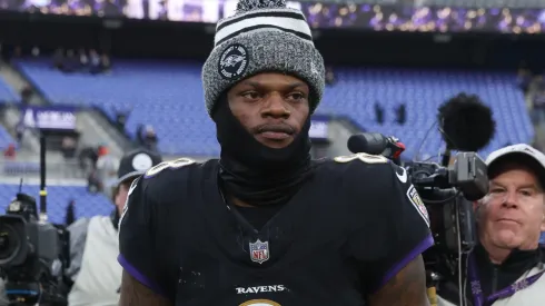 Baltimore Ravens QB Lamar Jackson (8) leaves the field after leading his team to a 56-19 victory against the Miami Dolphins at M&T Bank Stadium in Baltimore, MD.
