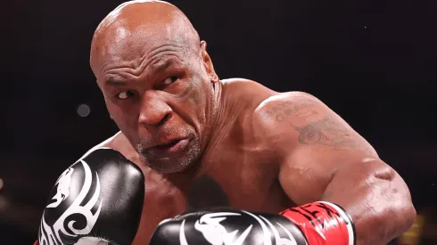 Mike Tyson in action against Jake Paul during LIVE On Netflix: Jake Paul vs. Mike Tyson at AT&T Stadium on November 15, 2024 in Arlington, Texas.
