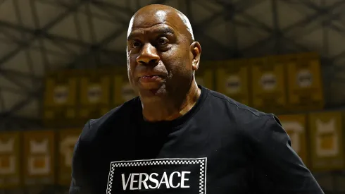 Magic Johnson attends a game between the Atlanta Dream and the Los Angeles Sparks in the first half at Walter Pyramid on May 15, 2024 in Long Beach, California.
