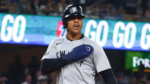  Juan Soto #22 reacts after scoring on a home run hit by Giancarlo Stanton #27 of the New York Yankees against the Los Angeles Dodgers during Game One of the 2024 World Series at Dodger Stadium on October 25, 2024 in Los Angeles, California. 
