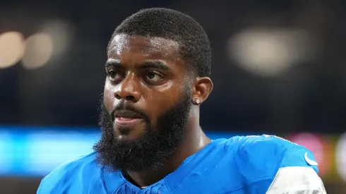 Amik Robertson #21 of the Detroit Lions looks on prior to a game against the Tampa Bay Buccaneers at Ford Field on September 15, 2024 in Detroit, Michigan.
