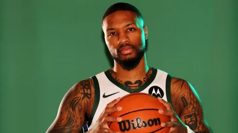 Damian Lillard #0 of the Milwaukee Bucks poses for portraits during media day on October 02, 2023. 
