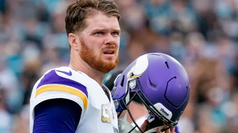 Minnesota Vikings quarterback Sam Darnold (14) looks to the scoreboard as they review an interception during an NFL, American Football Herren, USA game between the Minnesota Vikings and the Jacksonville Jaguars on November 10th, 2024 at EverBank Stadium in Jacksonville, FL.
