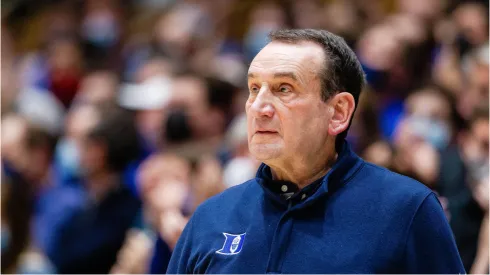 February 7, 2022: Duke Blue Devils head coach Mike Krzyzewski watches from the bench during the second half against the Virginia Cavaliers in the ACC basketball matchup at Cameron Indoor in Durham, NC. ( Cal Media) Durham United States - ZUMAc04_ 20220207_zaf_c04_105