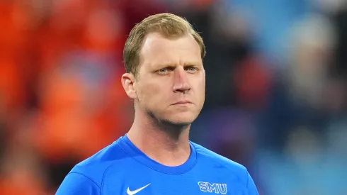 Head coach Rhett Lashlee of the SMU Mustangs looks on before the 2024 ACC Football Championship at Bank of America Stadium on December 07, 2024 in Charlotte, North Carolina.
