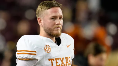 Texas quarterback Quinn Ewers (3) on the field before the start of the college football game between the Texas A&M Aggies and the Texas Longhorns on November 30, 2024 in College Station, Texas. Texas won, 17-7.