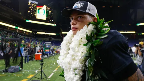 Oregon Ducks quarterback Dillon Gabriel (8) after the NCAA, College League, USA Big Ten Championship football game between the Penn State Nittany Lions and the Oregon Ducks at Lucas Oil Stadium in Indianapolis, Indiana.