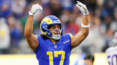 Puka Nacua #17 of the Los Angeles Rams celebrates after a touchdown in the third quarter of a game against the Buffalo Bills at SoFi Stadium on December 08, 2024 in Inglewood, California.
