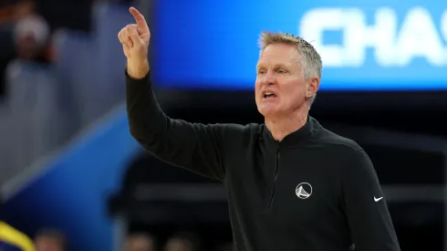 Golden State Warriors head coach Steve Kerr shouts to his team during their game against the Houston Rockets in the first half at Chase Center