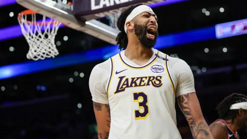 Anthony Davis #3 of the Los Angeles Lakers reacts after scoring in the second half against the Portland Trail Blazers at Crypto.com Arena