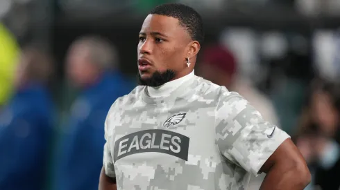 Philadelphia Eagles running back Saquon Barkley (26) looks on during the game between the Philadelphia Eagles and the Washington Commanders on November 14, 2024 at Lincoln Financial Field in Philadelphia, PA.