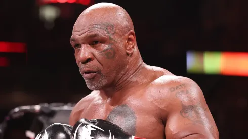 Mike Tyson in action against Jake Paul during LIVE On Netflix: Jake Paul vs. Mike Tyson at AT&T Stadium on November 15, 2024 in Arlington, Texas.
