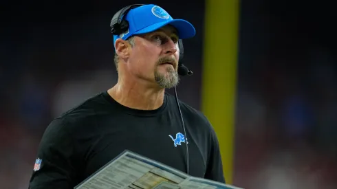 Detroit Lions head coach Dan Campbell looks up at a replay on the video board during an NFL, American Football Herren, USA game between the Texans and the Lions on November 10, 2024 in Houston, Texas.