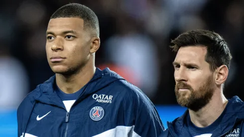 Kylian Mbappe and Lionel Messi of Paris Saint-Germain looks on during the UEFA Champions League group H match between Paris Saint-Germain and Maccabi Haifa FC at Parc des Princes on October 25, 2022 in Paris.
