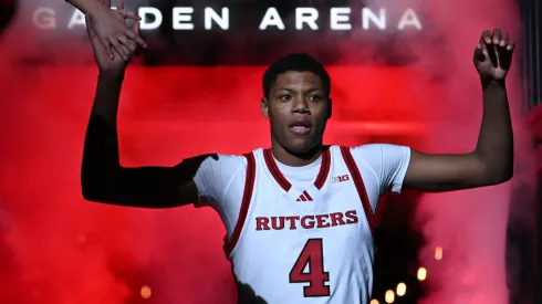 Ace Bailey #4 of the Rutgers Scarlet Knights runs out the court before their game against the Texas A&M Aggies during the Players Era Festival basketball tournament at MGM Grand Garden Arena on November 30, 2024 in Las Vegas, Nevada.
