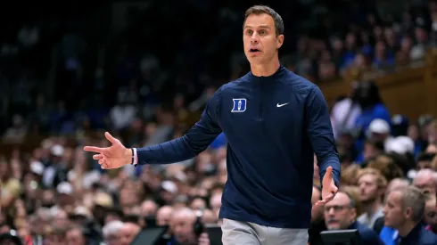 Head coach Jon Scheyer of the Duke Blue Devils reacts during the game against the Wofford Terriers at Cameron Indoor Stadium on November 16, 2024 in Durham, North Carolina.
