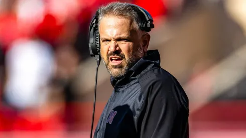 Nebraska Cornhuskers head coach Matt Rhule talks with the line judge in action during a NCAA, College League, USA Division 1 football game between Northwestern Wildcats and the Nebraska Cornhuskers at Memorial Stadium in Lincoln, NE.