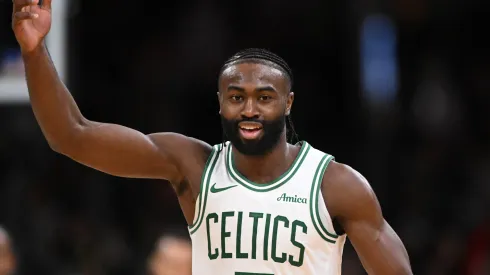 Jaylen Brown #7 of the Boston Celtics reacts after making a three-point basket against the Minnesota Timberwolves during the fourth quarter at the TD Garden