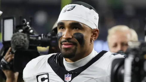 Philadelphia Eagles quarterback Jalen Hurts (1) after the Philadelphia Eagles game versus the Los Angeles Rams on November 24, 2024, at Sofi Stadium in Inglewood, CA.